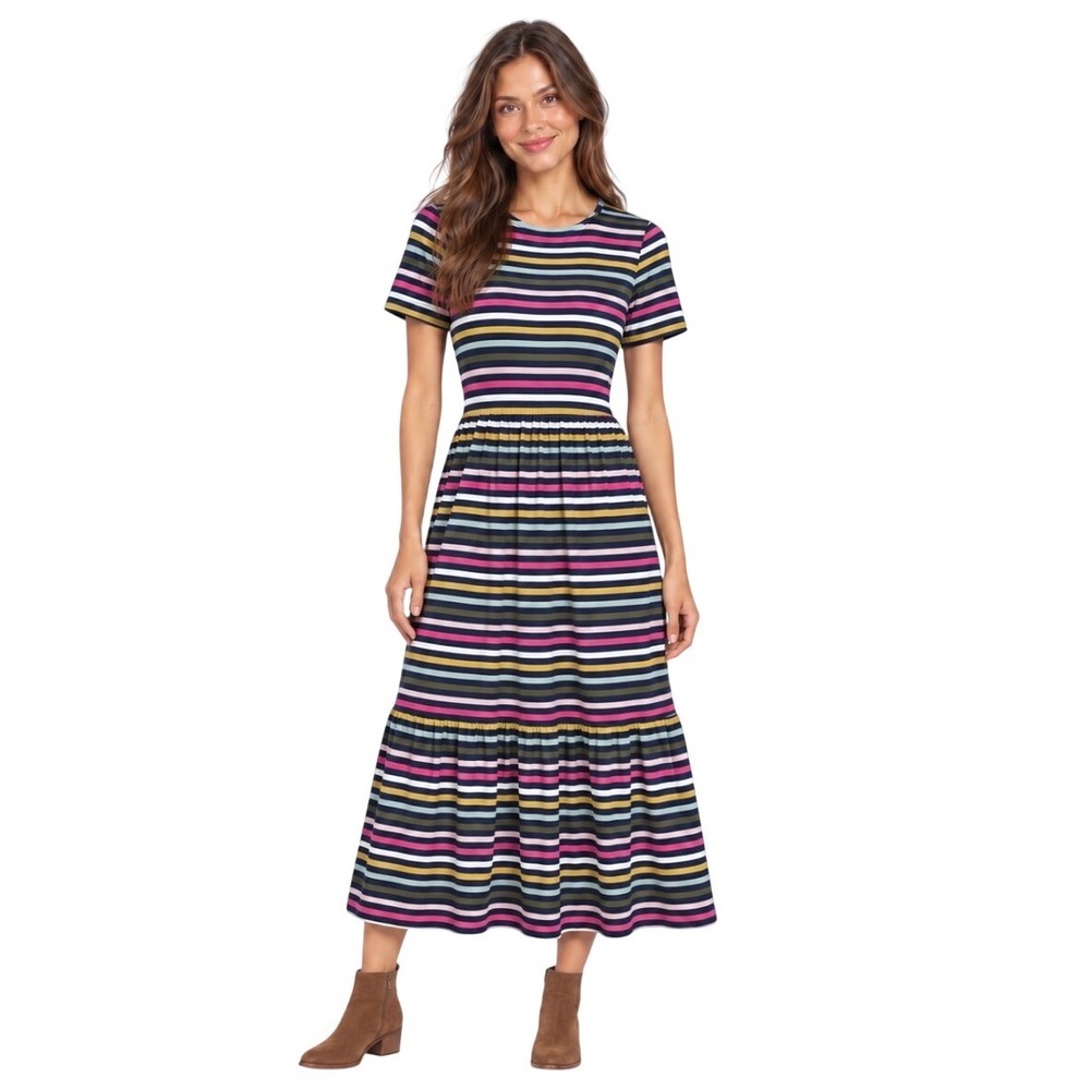 Boden Multi Stripe Tiered Maxi Dress Womens US 8R UK 12R Short Sleeve Cotton